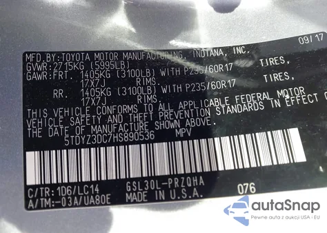 2017 Toyota Sienna Xle 8 Passenger z USA, uszkodzony, nr VIN 5TDYZ3DC7HS890536